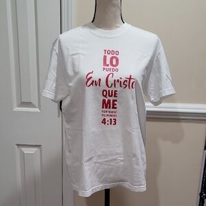Unisex white t-shirt, size Medium, 100% cotton, with a red acrylic image.